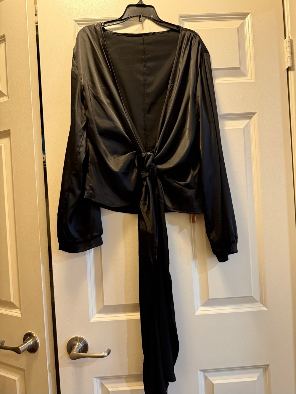 SHEIN Black Satin Tie-Front Blouse with Long Sleeves